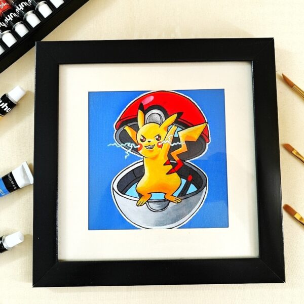 From Pokeball to Your Wall - Hand-Painted Pikachu Acrylic Painting on Canvas for Kid’s Room (Mounted & Black Frame)