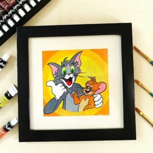 Tom & Jerry Love – Cartoon Tom & Jerry Acrylic Painting on Canvas for Kids & Childhood Nostalgi (Mounted & Black Frame)