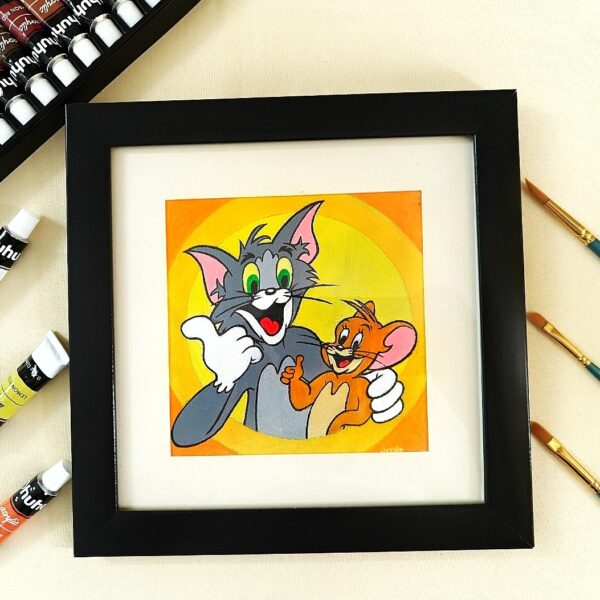 Tom & Jerry Love – Cartoon Tom & Jerry Acrylic Painting on Canvas for Kids & Childhood Nostalgi (Mounted & Black Frame)