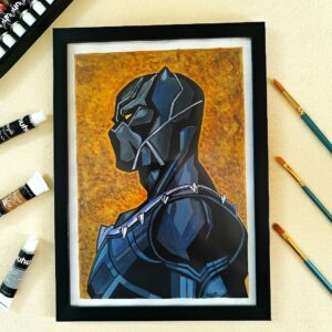 Unleash the Hero – Striking Realistic Hand-Painted Black Panther Portrait Art for Marvel Fans (A4, Framed)