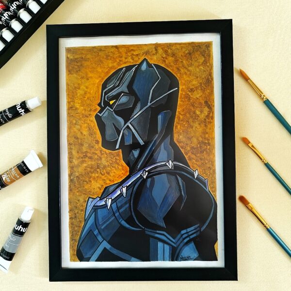 Unleash the Hero – Striking Realistic Hand-Painted Black Panther Portrait Art for Marvel Fans (A4, Framed)