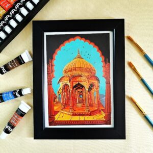 Step Into Royalty - Vibrant Hand-Painted Rajasthan Architectural Acrylic Art (A5, Framed)