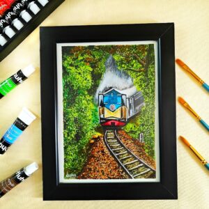 Whistles Through the Woods - Vintage Acrylic Painting of Train in Forest (A5, Framed)