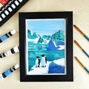 Penguins Acrylic Landscape Painting – Arctic Adventures (A5, Framed)