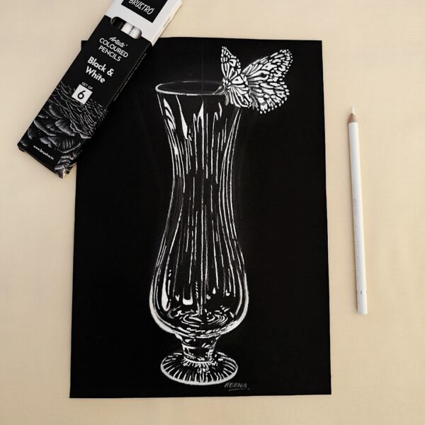 Graceful & Stunning Butterfly and Vase Art on Black Sheet for Classy Home Aesthetics (A4 Size)
