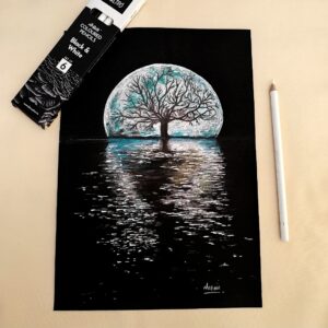 Whispers of the Moon - Radiant Moon & Tree Artwork on Black Sheet (A4 Size)