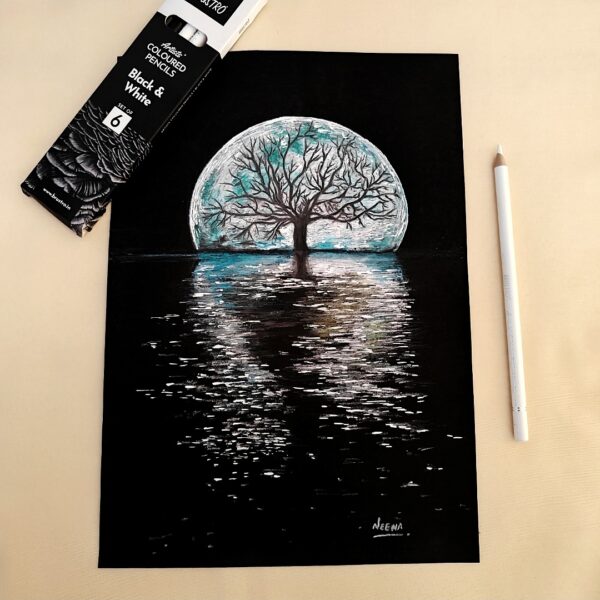 Whispers of the Moon - Radiant Moon & Tree Artwork on Black Sheet (A4 Size)