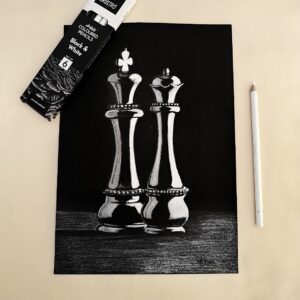 CHECKMATE - Strategic Elegance King & Queen Chess Art on Black Sheet (A4 Size)