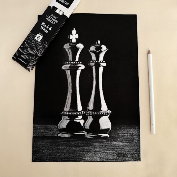 CHECKMATE - Strategic Elegance King & Queen Chess Art on Black Sheet (A4 Size)