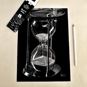 Whispers of Passing Time - Mesmerising Striking Hourglass Still Life Painting for Thoughtful Corners (A4 Size)