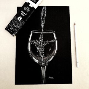 Splash of Realism - Realistic Pouring Glass Sketch with Bubbles on Elegant Black Sheet (A4 Size)