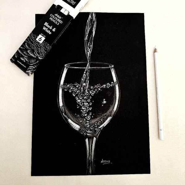 Splash of Realism - Realistic Pouring Glass Sketch with Bubbles on Elegant Black Sheet (A4 Size)