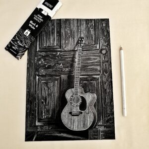 Strings & Shadows - Elegant Sketch of Guitar Resting on Wooden Door for Vintage Decor (A4 Sheet)