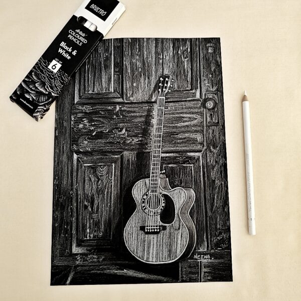 Strings & Shadows - Elegant Sketch of Guitar Resting on Wooden Door for Vintage Decor (A4 Sheet)