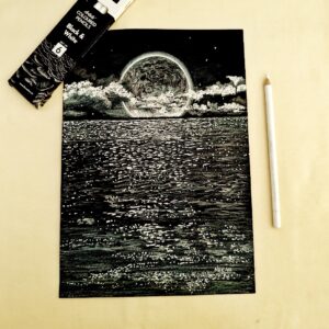 Whispers of the Moonlit Tide – Night Sea Landscape Painting on Black Sheet for Dreamy Wall Décor (A4 Size)