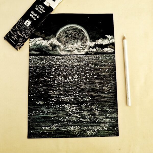 Whispers of the Moonlit Tide – Night Sea Landscape Painting on Black Sheet for Dreamy Wall Décor (A4 Size)