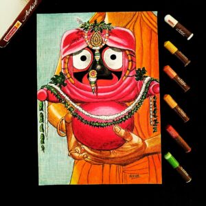 A Divine Embrace - Elegant Handmade Artwork of Lord Jagannath in Vibrant Attire carried with Love (A4 Size)