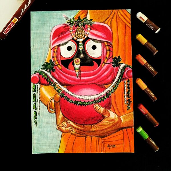 A Divine Embrace - Elegant Handmade Artwork of Lord Jagannath in Vibrant Attire carried with Love (A4 Size)