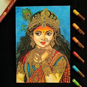 A Vibrant and Elegant Portrait of Maa Rukmini – Richly Detailed Spiritual Handmade Artwork of Devi Rukmini (A4 Size)