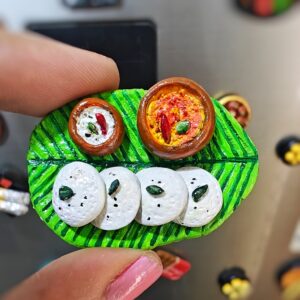 Handmade Idli Plate Fridge Magnet – South Indian Breakfast Miniature on Banana Leaf