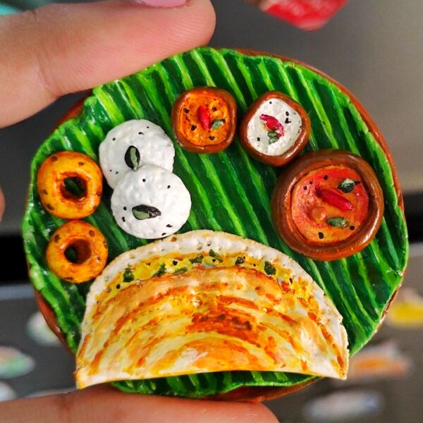 Handmade South Indian Platter Fridge Magnet – Masala Dosa, Vada, Idli, Sambhar & Chutney Miniature Kitchen Décor