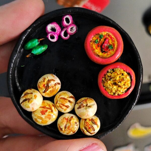 Handmade Dal Baati Churma Plate Fridge Magnet – Rajasthani Cuisine Miniature Kitchen Decor