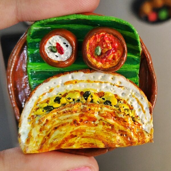Handmade Masala Dosa Fridge Magnet – South Indian Breakfast Miniature with Sambar & Chutney