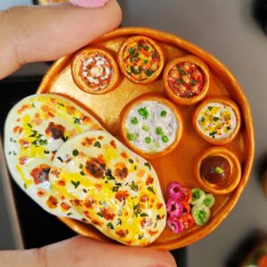 Handmade North Indian Thali with Naan, Rice, Sabzi & Sweets Fridge Magnet – Traditional Miniature Feast