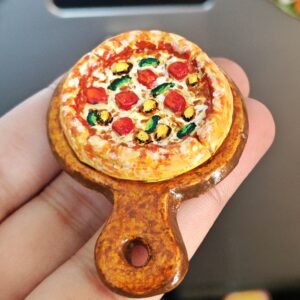 Handmade Pizza on Wooden Base Fridge Magnet – Miniature Cheesy Treat for your Fridge