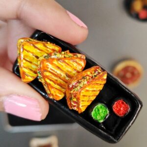 Handmade Grilled Sandwich Plate Fridge Magnet – Realistic Miniature Snack with Chutneys