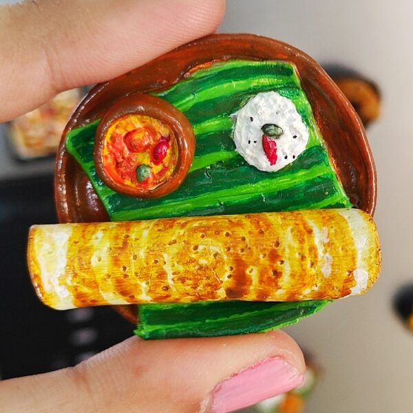 Handmade South Indian Dosa Fridge Magnet – With Sambar & Coconut Chutney Miniature Plate