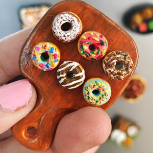 Miniature Wooden Platter with 6 Donuts – Handmade Fridge Magnet